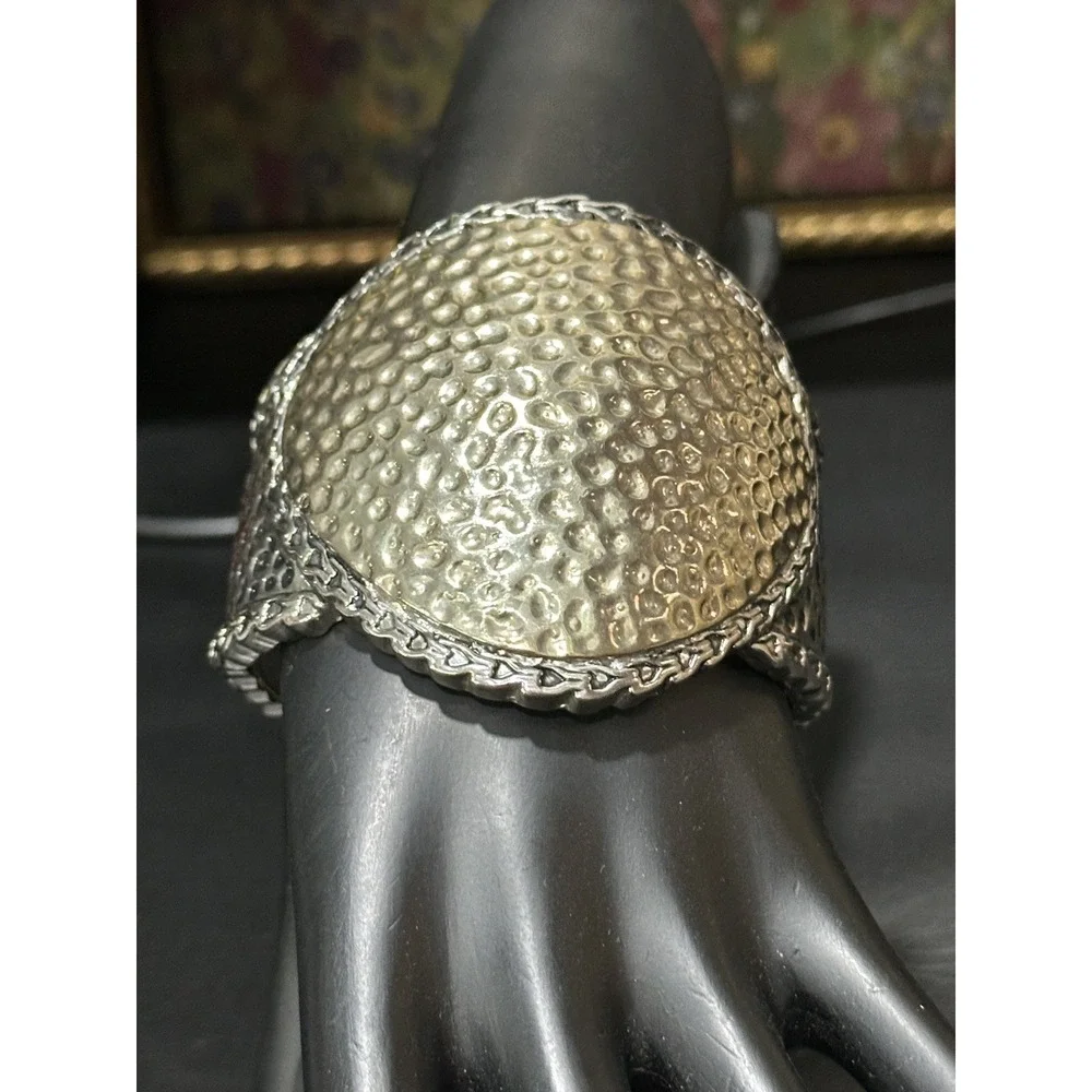 Hammered Mixed Metal Domed‎ Cuff Bracelet  Scalloped Edge Statement Clamper